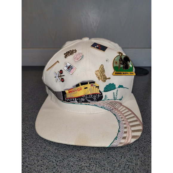 Vintage Union Pacific Railroad Embroidered Nylon Snapback Hat Trains USA Pins
